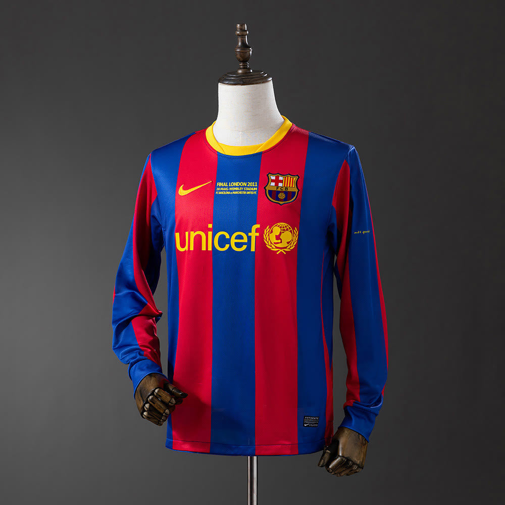 Camisola Barcelona 201011 Principal Edição da Liga dos Campeões Retro de Manga Comprida