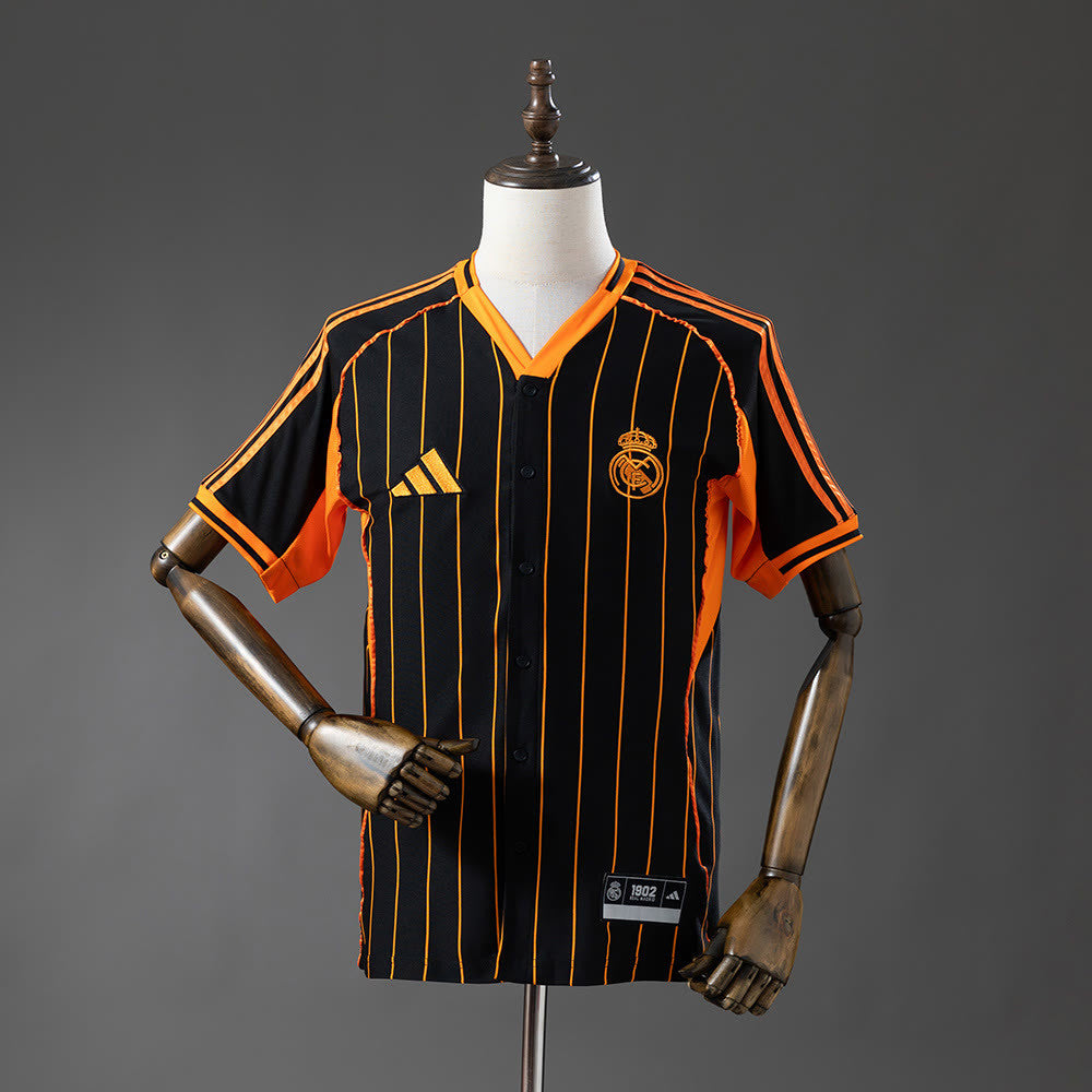 Camisola Real Madrid 25/26 Baseball - Preto e Laranja Às Riscas